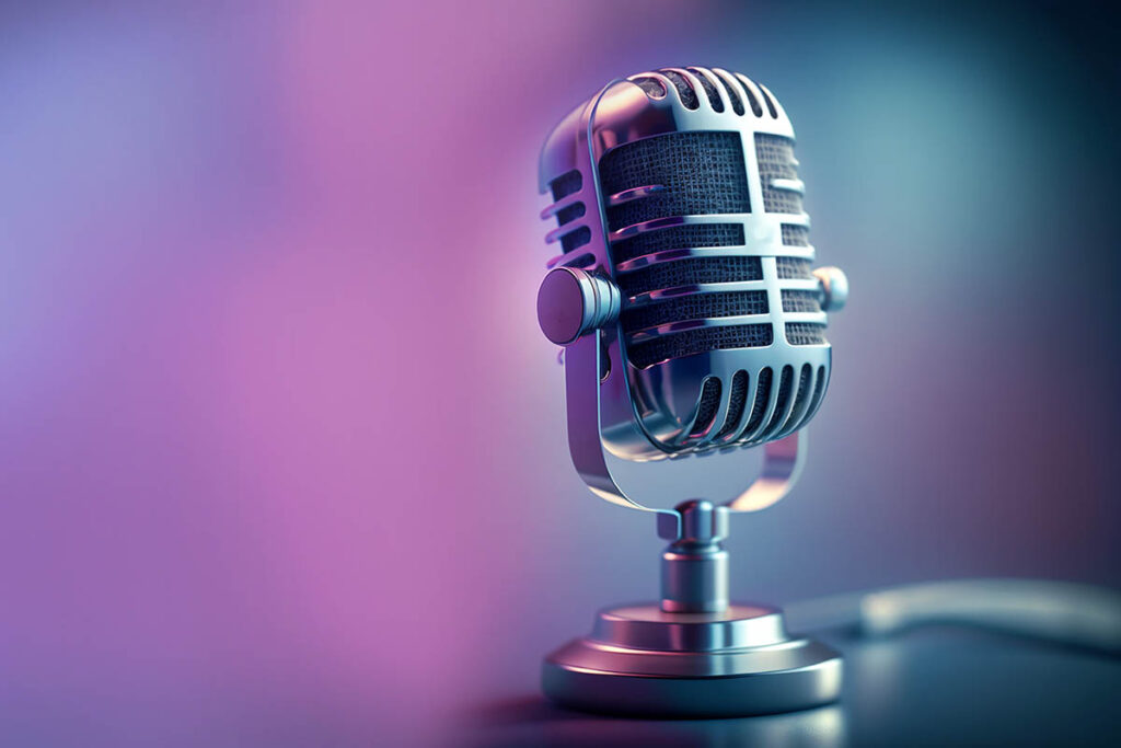 Professional microphone with pink purple background banner, Podcast or recording studio background copy space